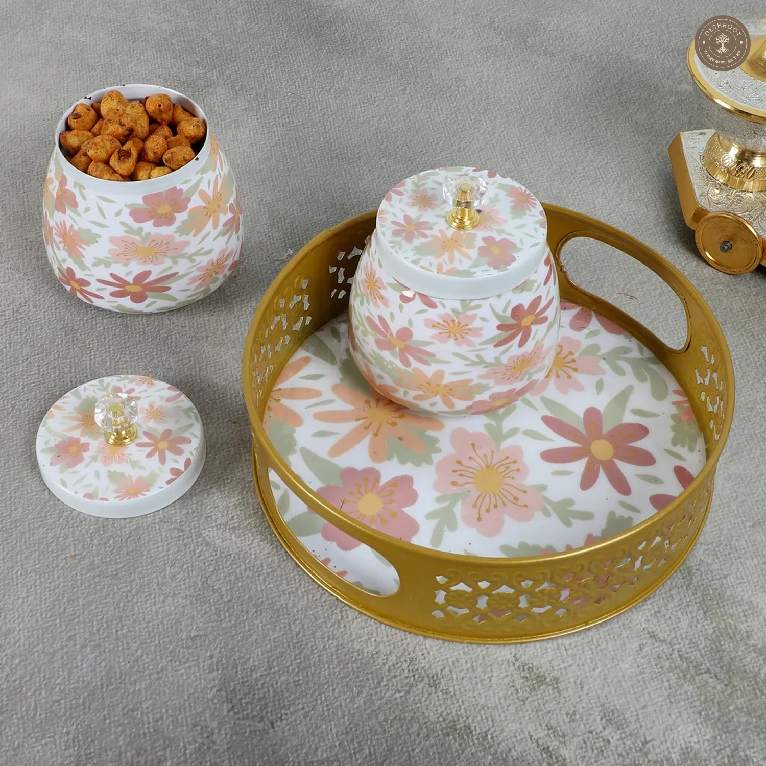 Multicolor FLowers Round Basket With Jar Set of 3