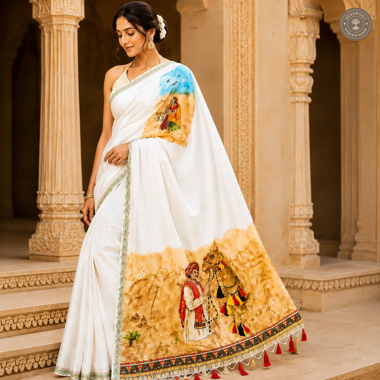 Hand-Painted Rajasthani Folk Art Saree