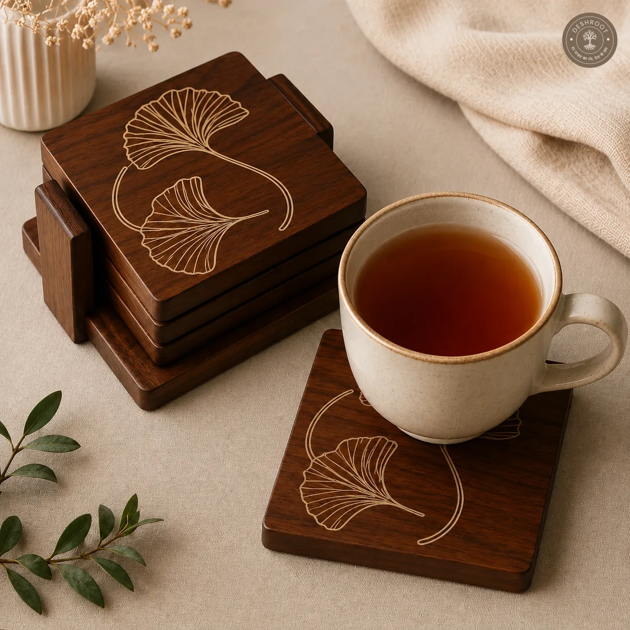Ginkgo Elegance Wooden Coaster Set