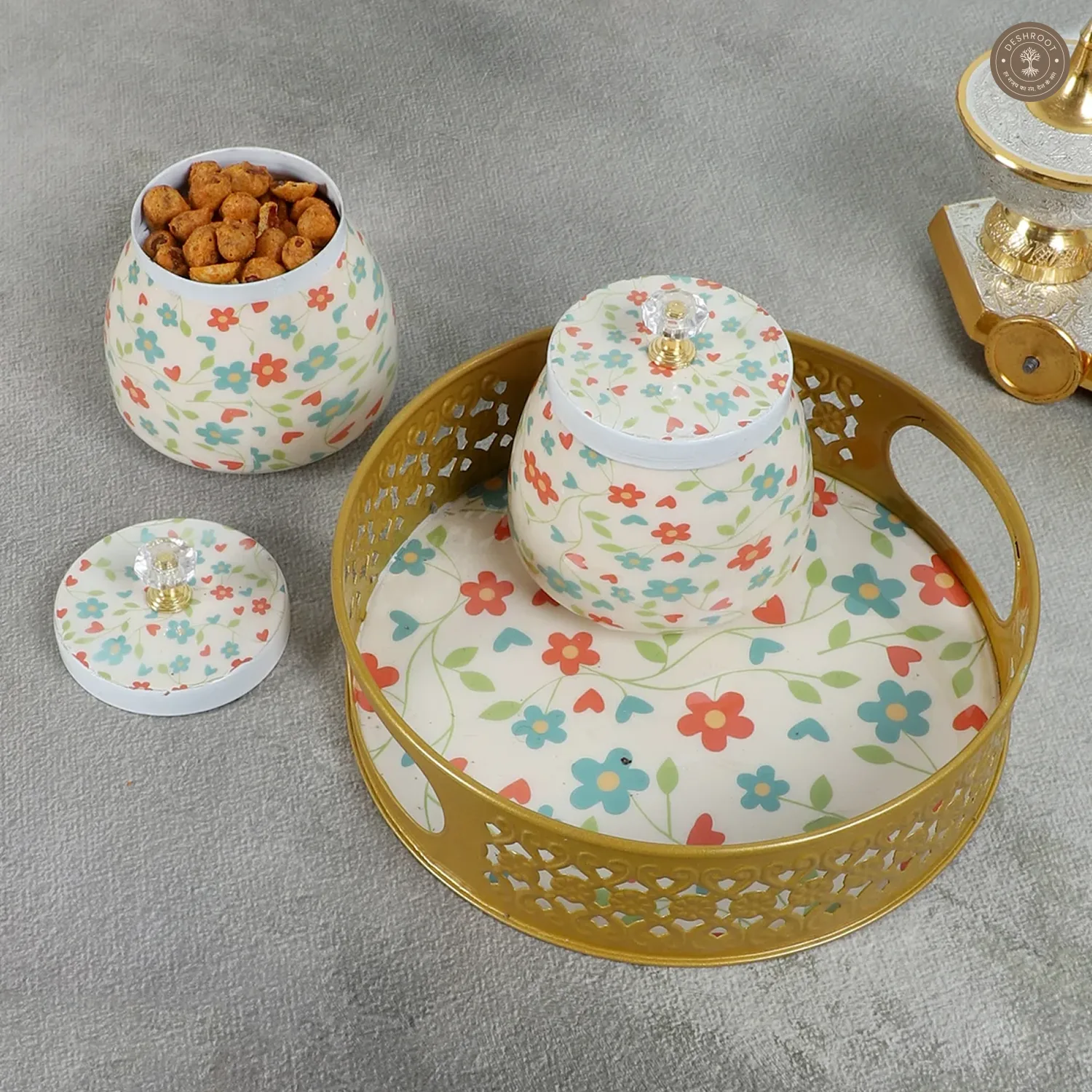 Pink & Green FLower Round Basket With Jar Set of 3
