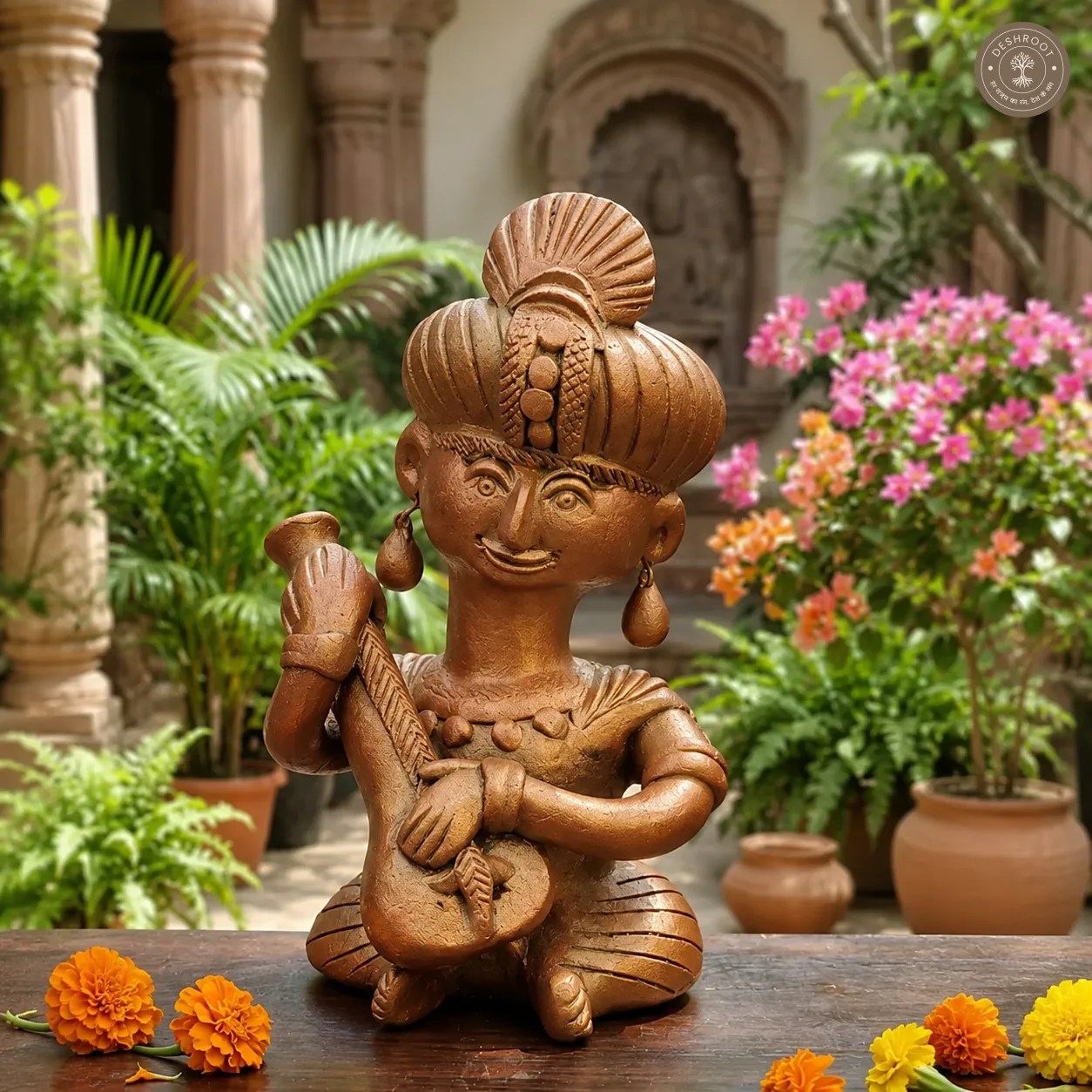 Handcrafted Terracotta Musician Figurine with Veena