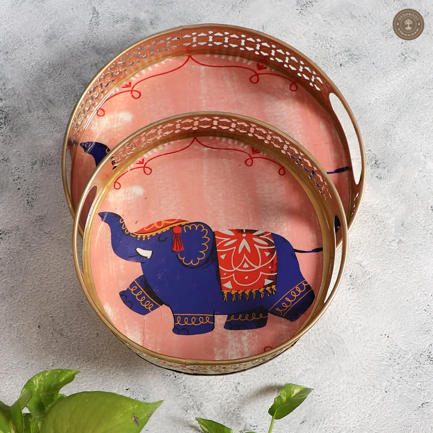 Pink Elephant Pichwai Tray Set of 2