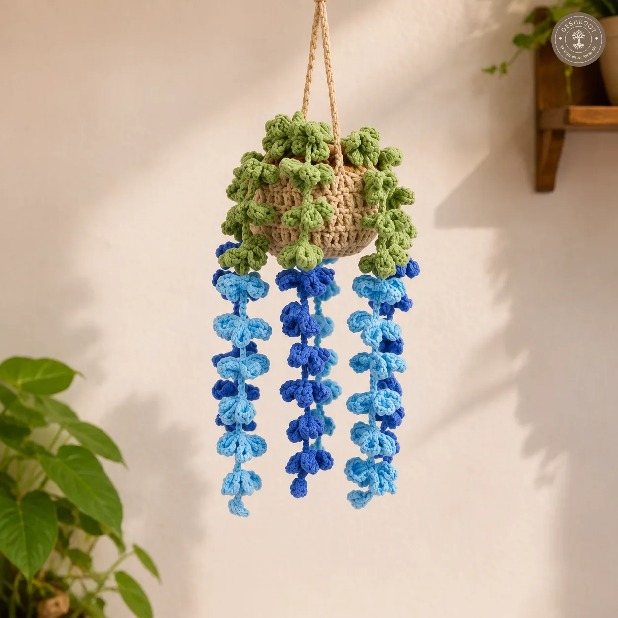 Handcrafted Crochet Hanging Planter with Blue Cascading Flowers