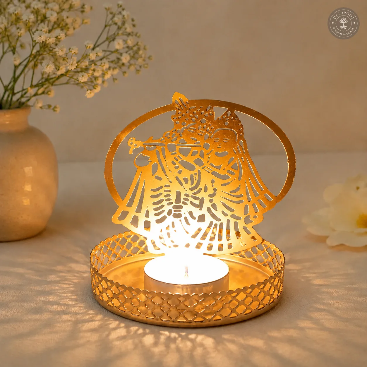 Golden Metal Radha Krishna Shadow Diya Tea Light Candle Holders – Set of 2