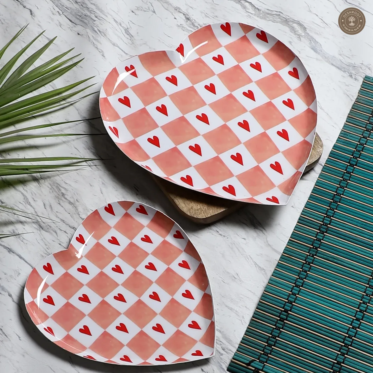 Pink Heart Shape Metal Platter Set of 2