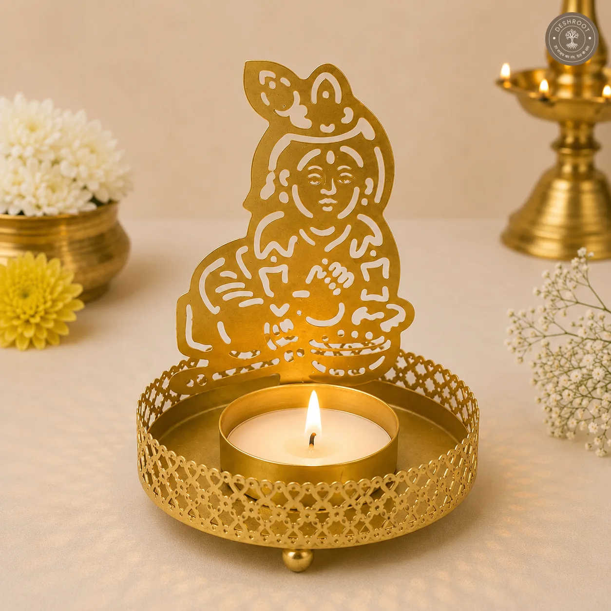 Golden Metal Laddu Gopal Shadow Diya Tea Light Candle Holders – Set of 2