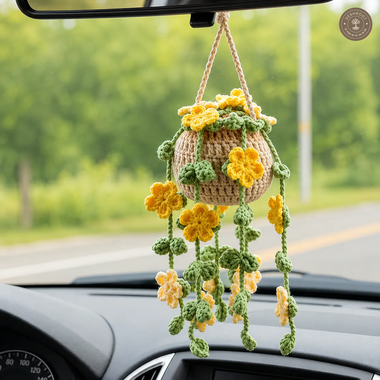 Handcrafted Crochet Hanging Planter with Yellow Flowers and Green Leaves