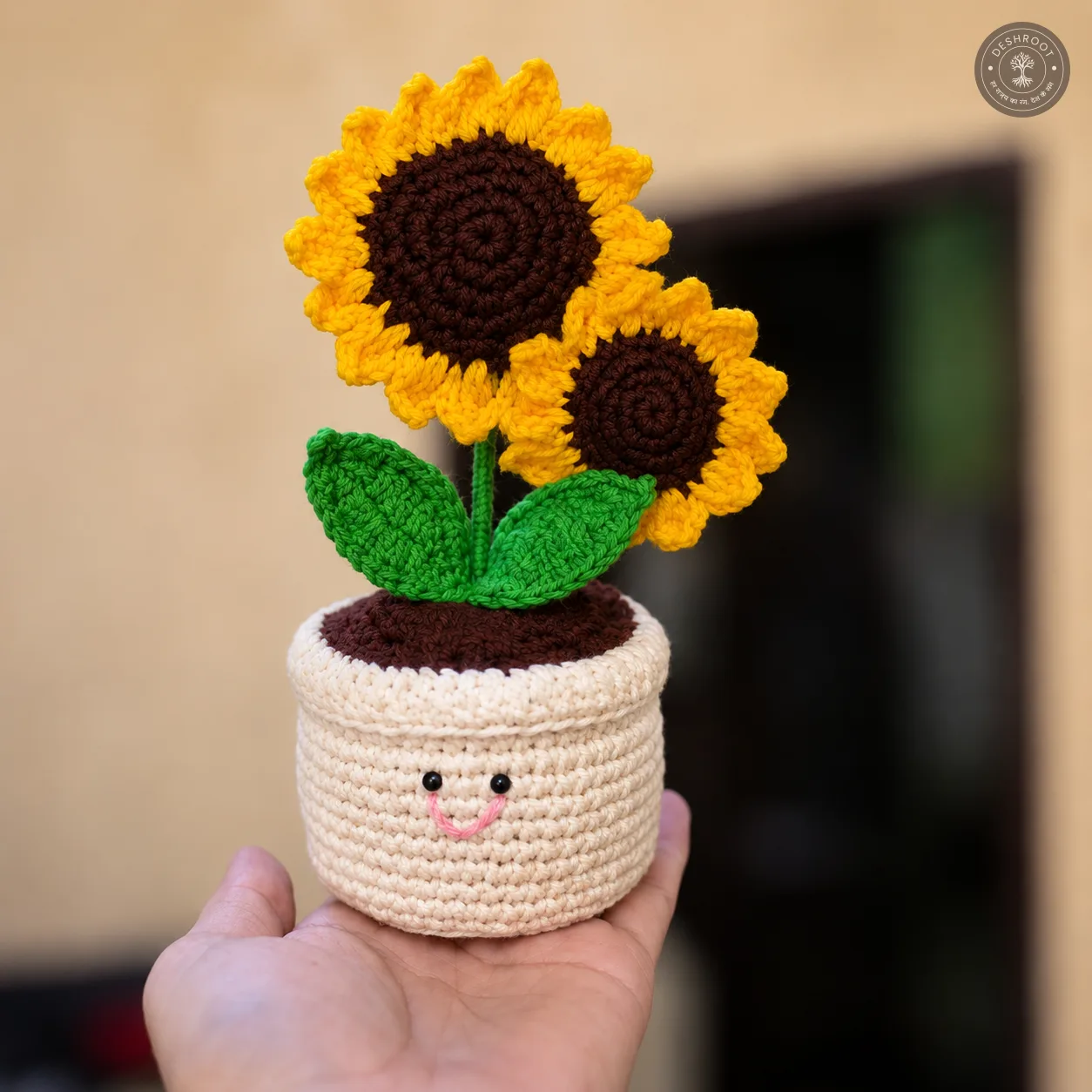 Handcrafted Crochet Sunflower Mini Pot – Double Flower Table Decor