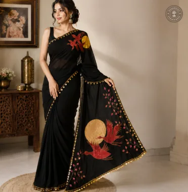 Hand-Painted Bird & Moon Saree with Golden Coin lace