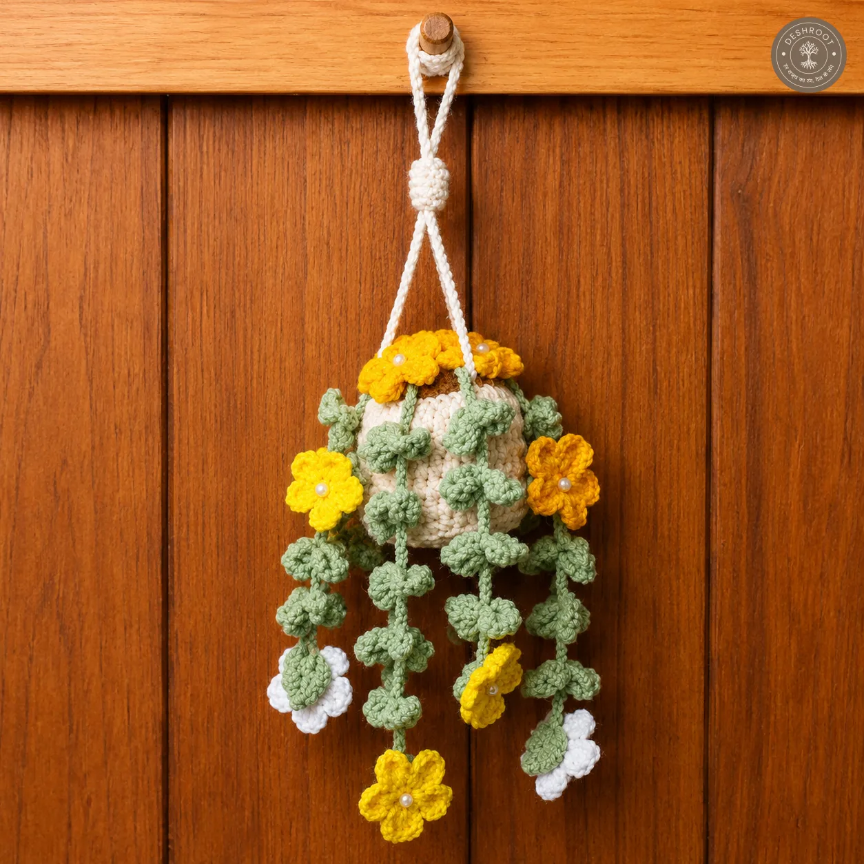 Handcrafted Crochet Hanging Flower Basket – Yellow Floral Vine Design