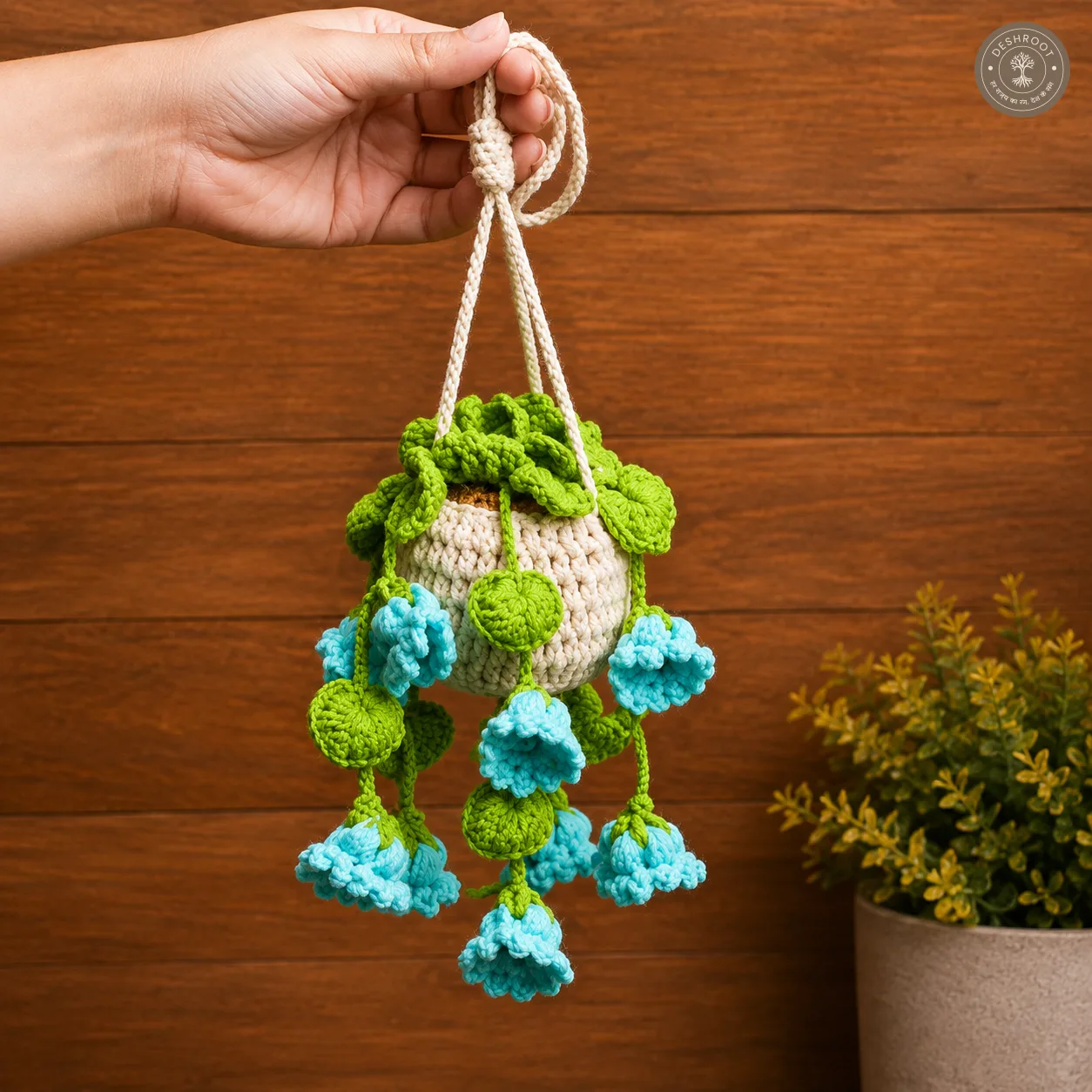 Handcrafted Crochet Hanging Flower Basket – Blue Blossom Design