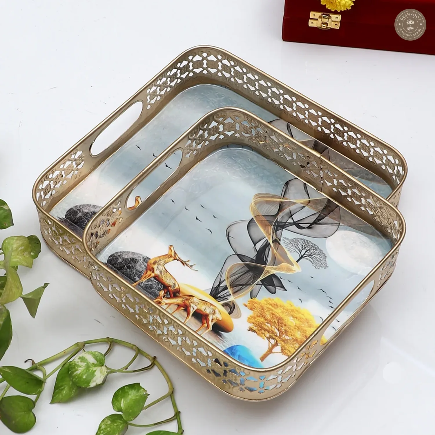 Square Gold Deer Tray Set of 2