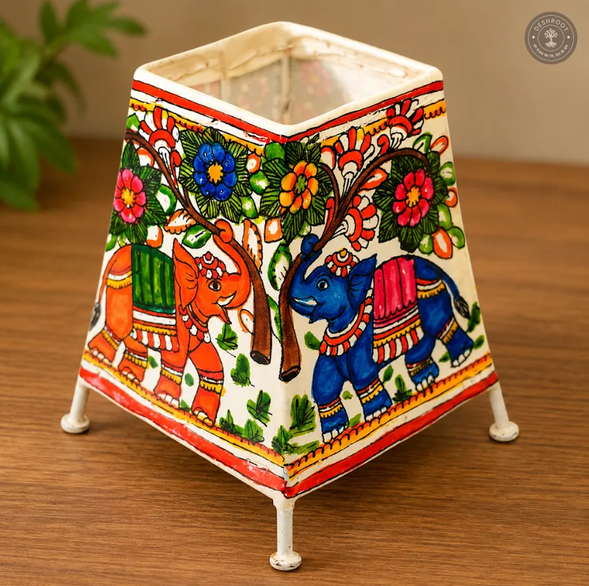 Hand-Painted Elephant & Floral Goat Leather Craft Lamp Shade