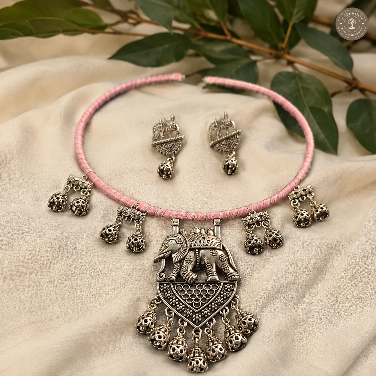 Handcrafted Pink Oxidised Garba Jewellery Set – Traditional Gujarati Elephant Pendant Necklace with Matching Earrings, Dangling Charms & Pink Thread for Navratri & Dandiya