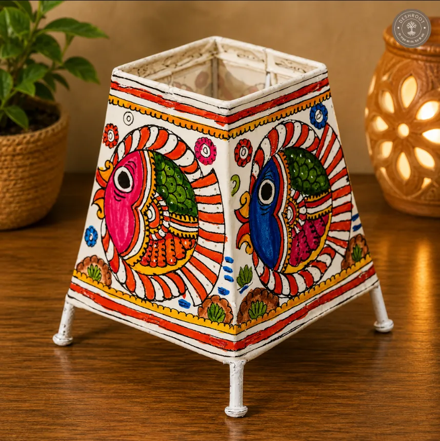 Hand-Painted Traditional Fish Motif Goat Leather Craft Table Lamp