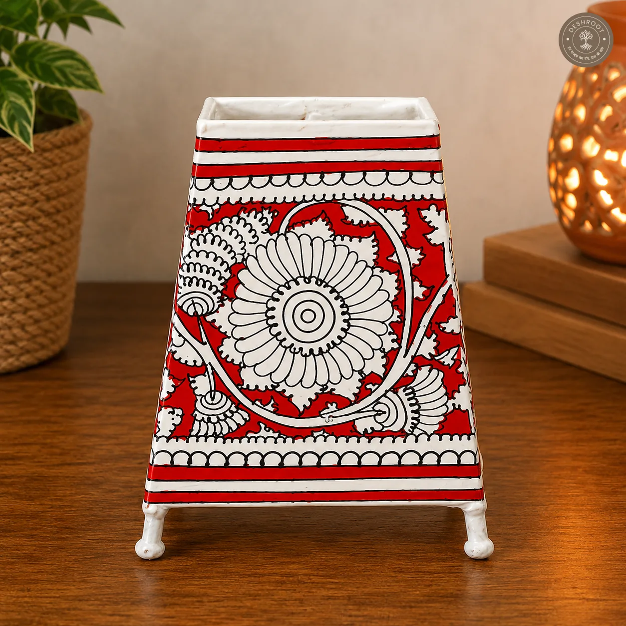 Hand-Painted Floral Motif Goat Leather Craft Table Lamp