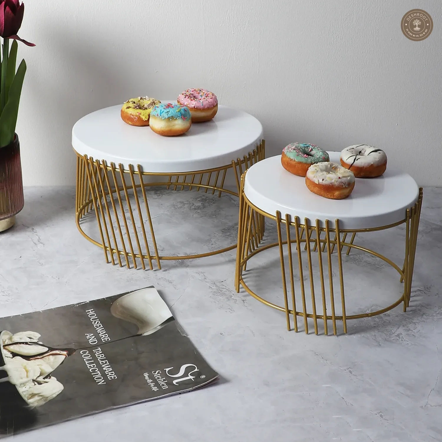 White & Gold Round Striped Buffet Platter Set of 2