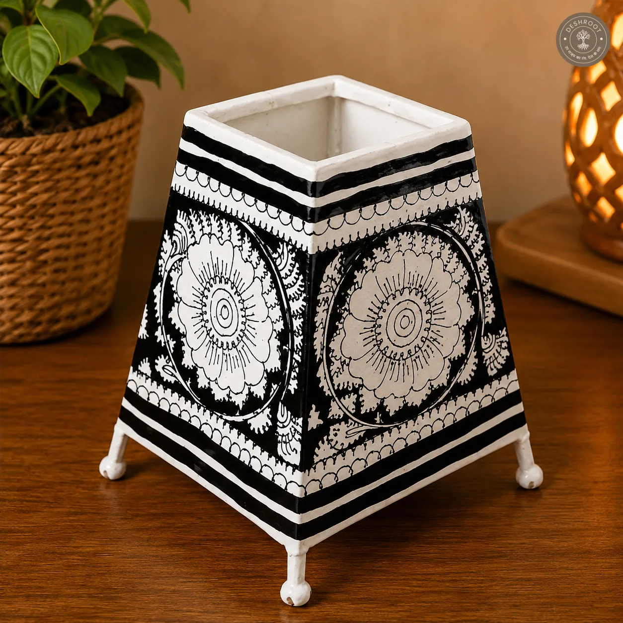 Black Floral Motif Goat Leather Craft Table Lamp