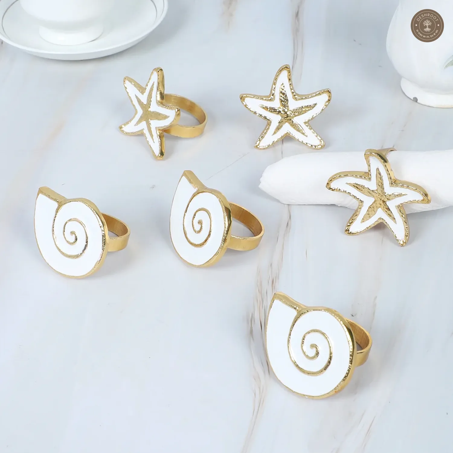 White & Gold Star Napkin RIng Set of 6