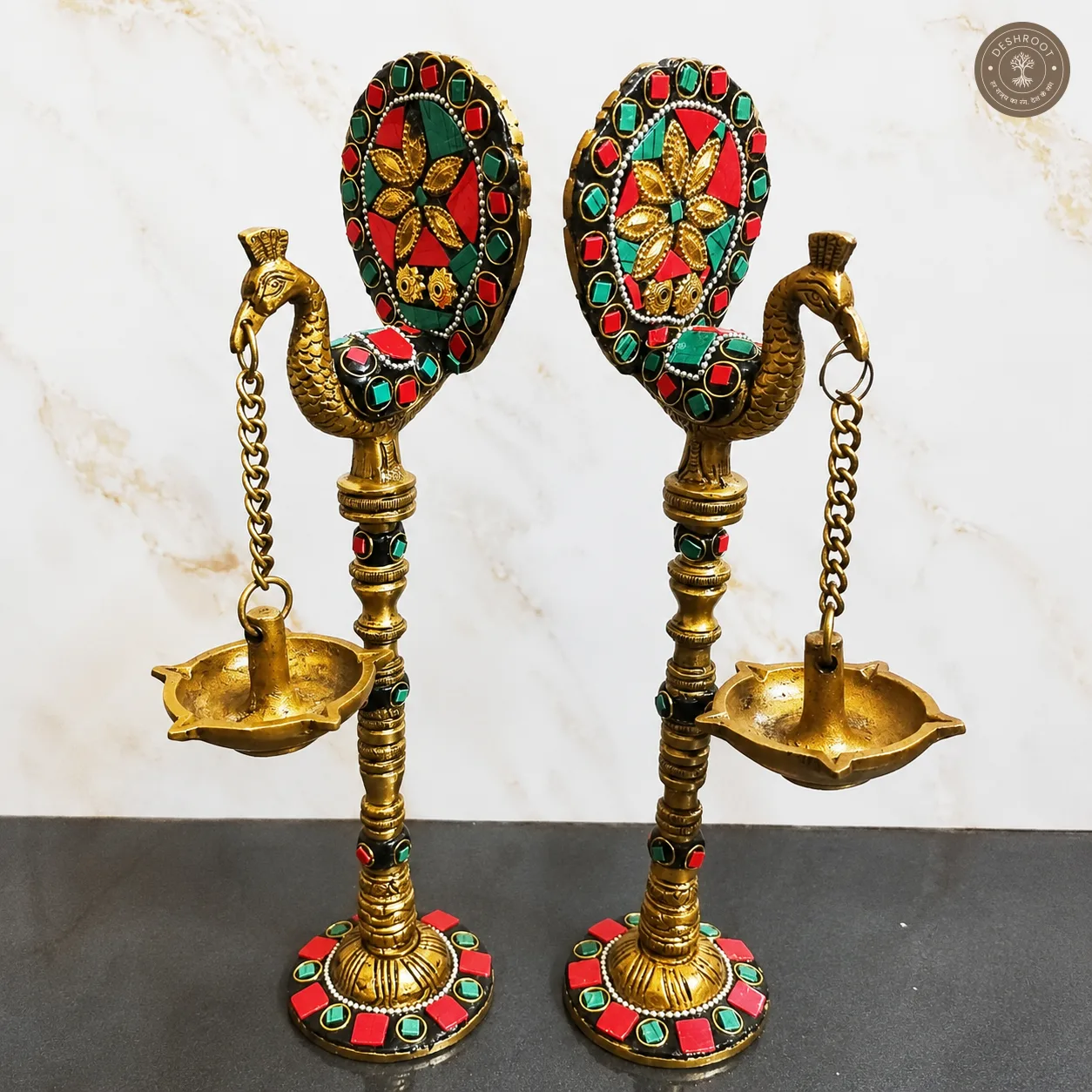 Handcrafted Brass Peacock Diya Stand Set of 2 with Hanging Lamps & Decorative Mirror Work
