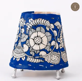 Handcrafted Blue Goat Leather Floral Table Lamp