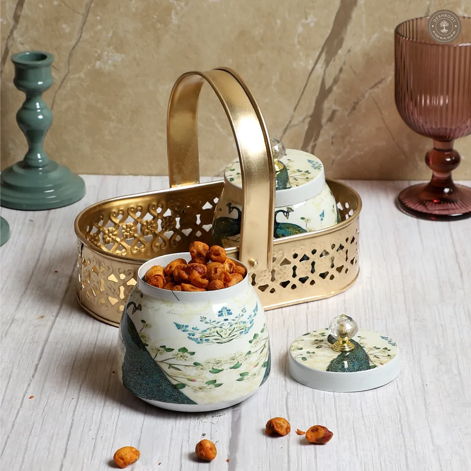 Peacock Print Jars WIth basket Set of 2
