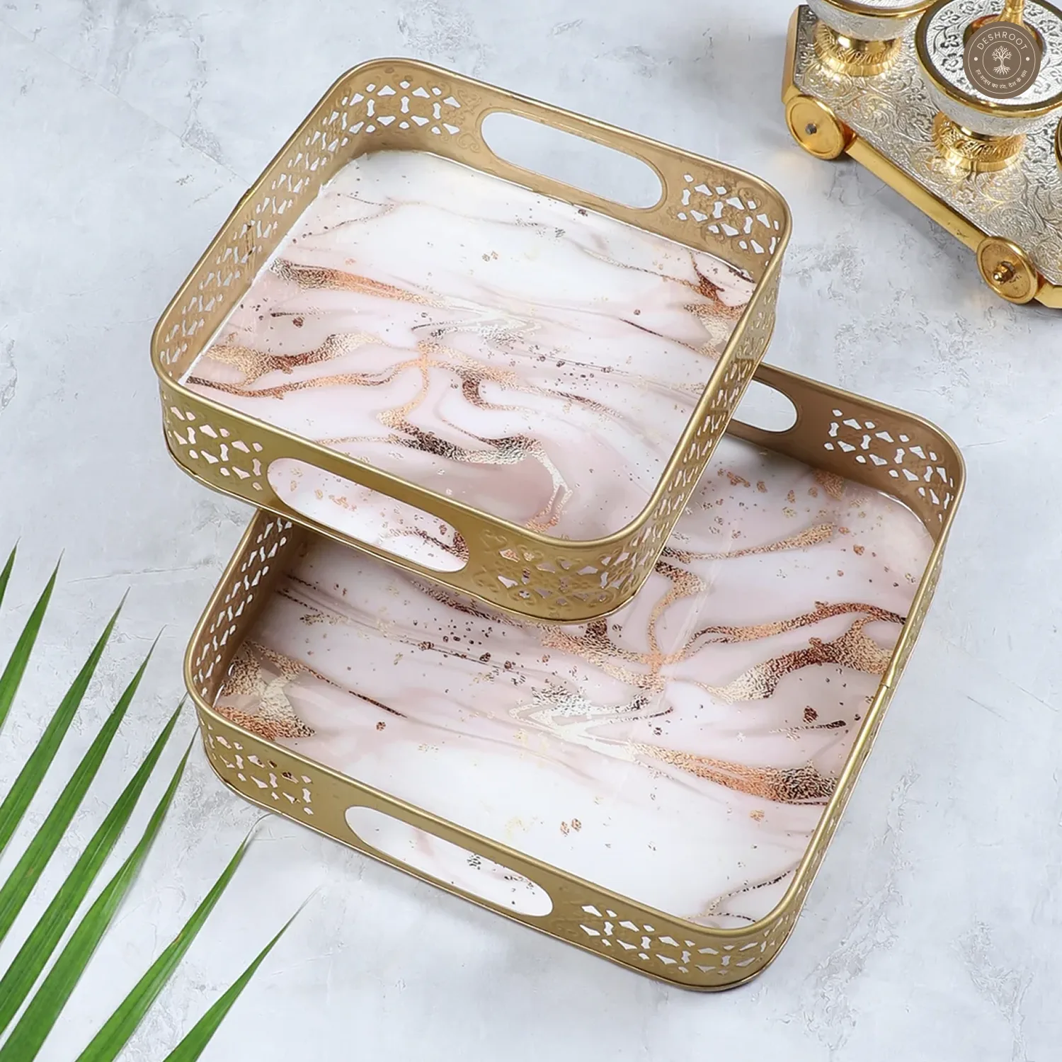 PInk & Gold Wavy Design Tray Set of 2