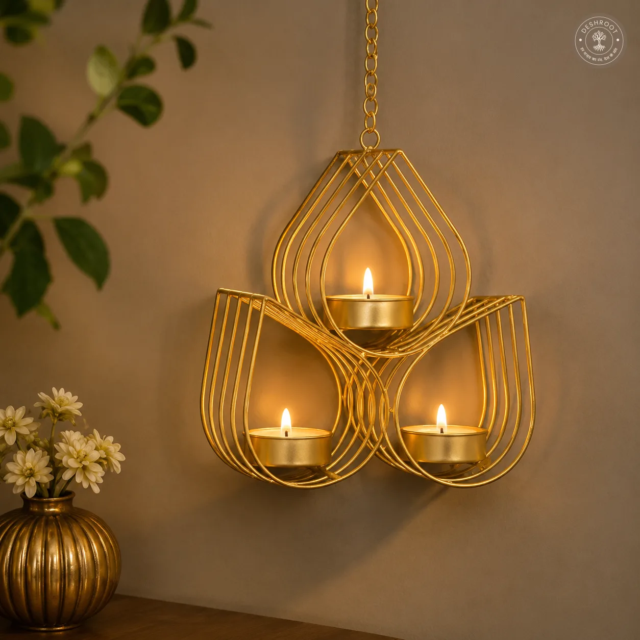 Decorative Hanging Iron 3-Diya Tealight Candle Holder with Chain