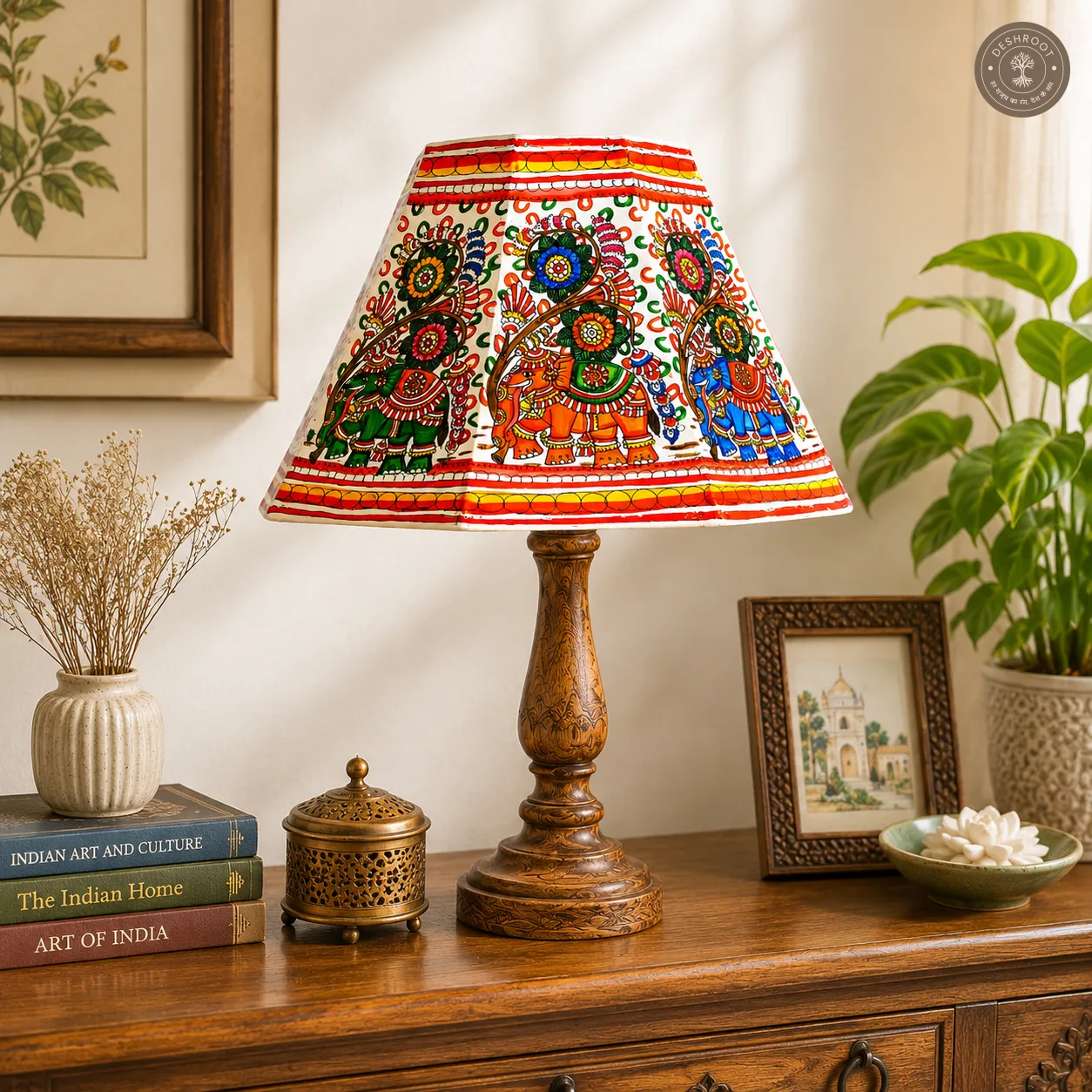 Handcrafted Andhra Pradesh Goat Leather Table Lamp Shade with Traditional Elephant Motif