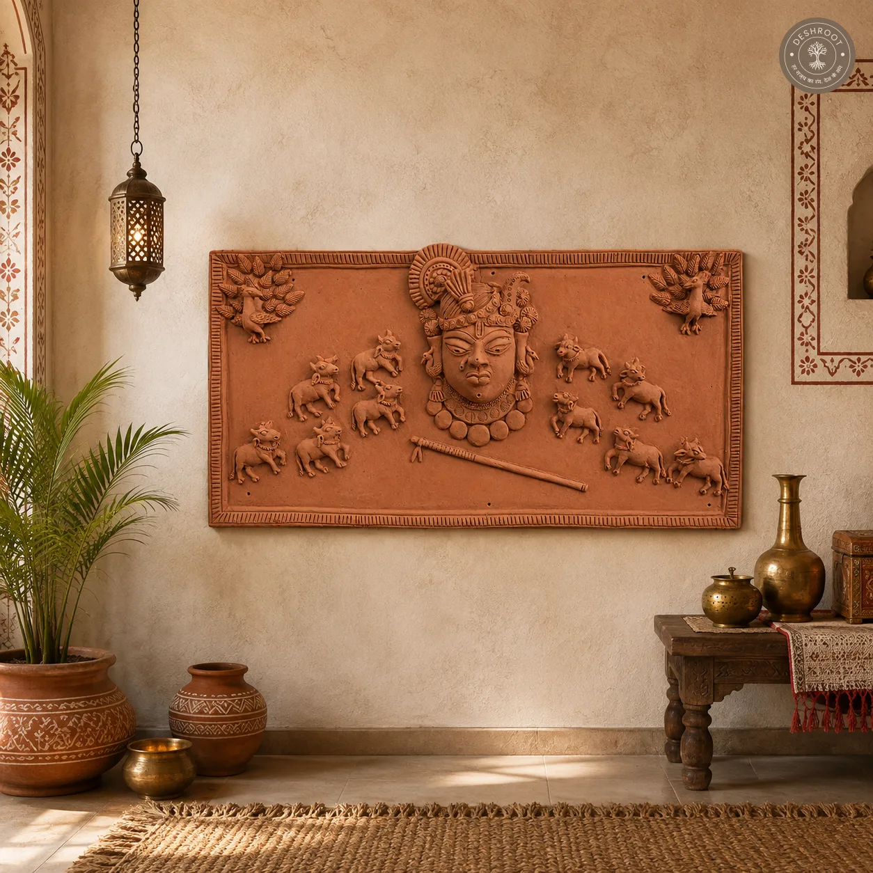 Handcrafted Terracotta Krishna & Cow Wall Relief Panel