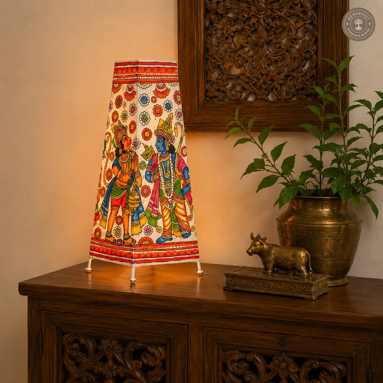 Ram Darbar & Hanuman Kalamkari Artisan Leather Lamp Shade