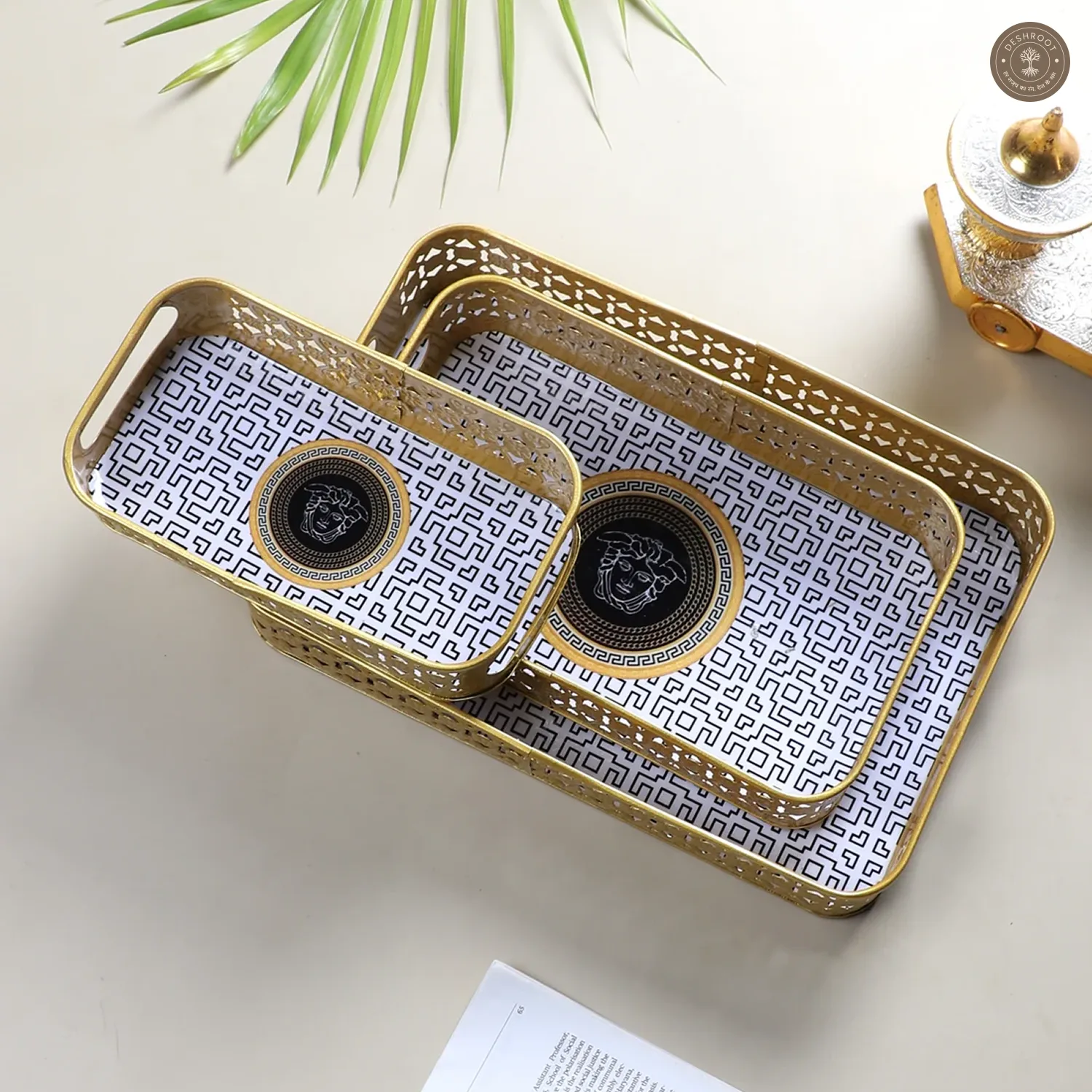Rectangular Black & Gold Blocks Meena Tray Set of 3