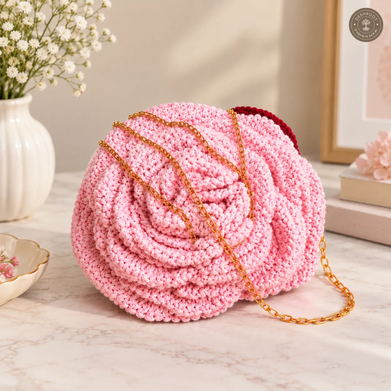 Handmade 3D Rose Crochet Sling Bag