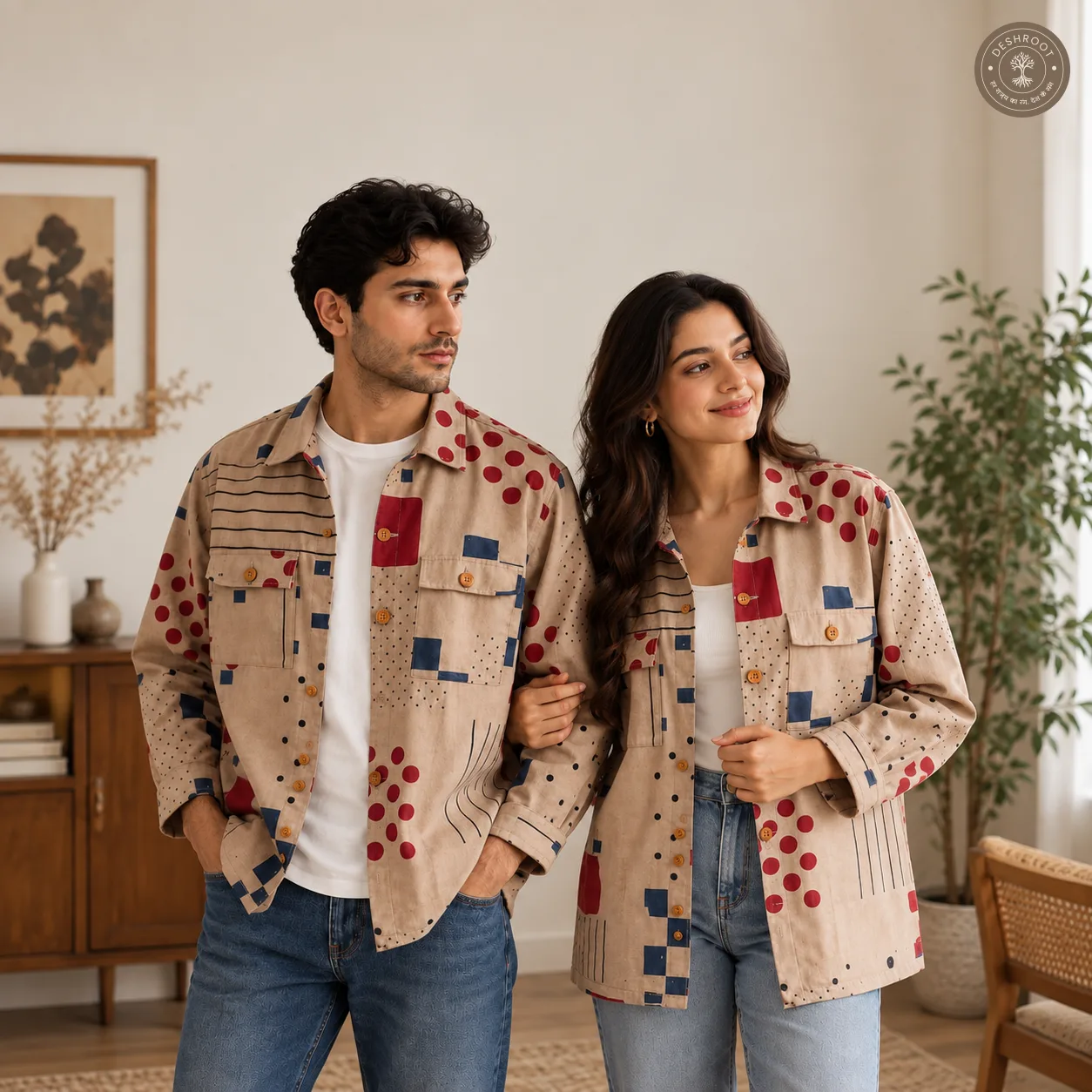 Unisex Printed Patchwork Jacket – Beige Geometric Multicolour Casual Jacket with Wooden Buttons & Pockets