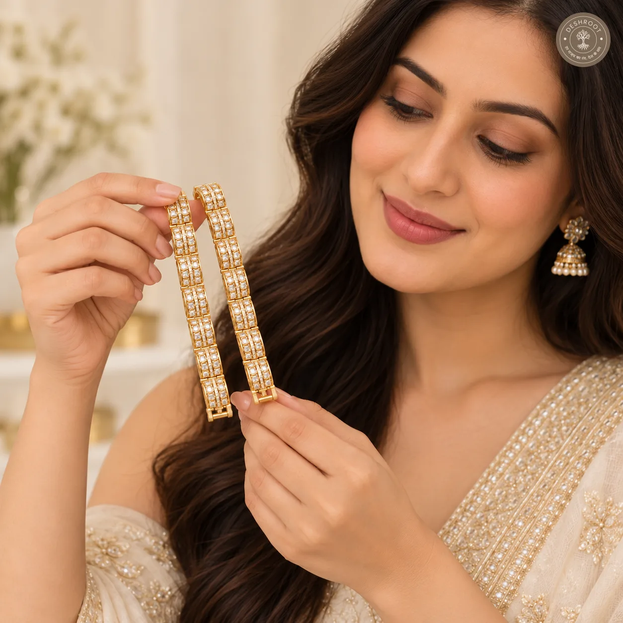 Aurelia Square-Cut Crystal Gajra Bracelet – Gold-Tone Bridal Jewellery for Women
