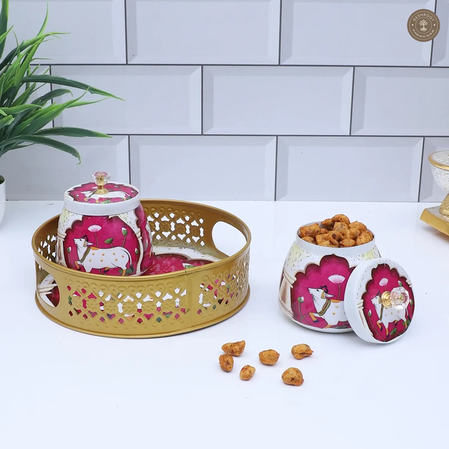 Pink & White Cow Round Basket With Jar Set of 3