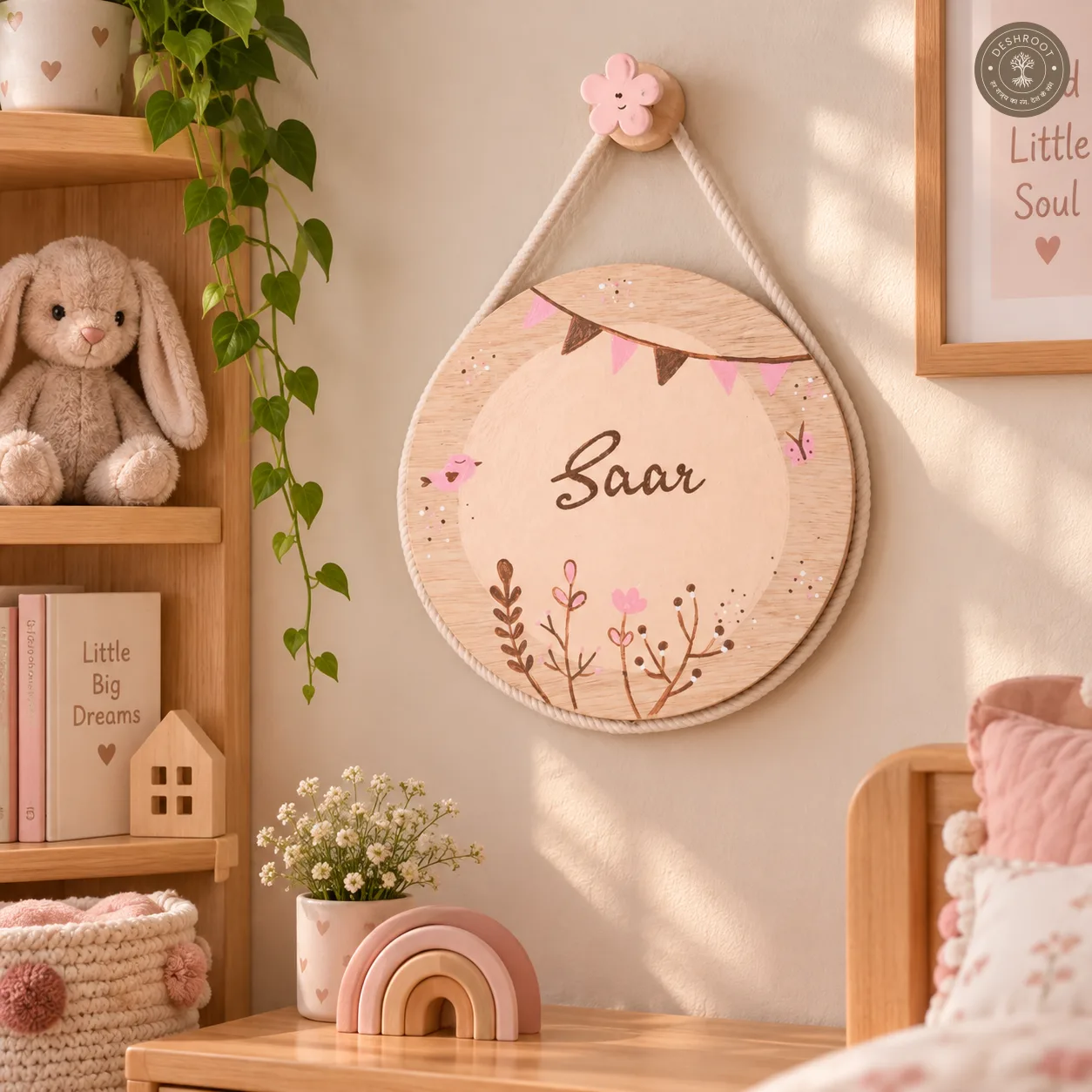 Hand-Painted Boho Blossom Pine Wood Nameboard