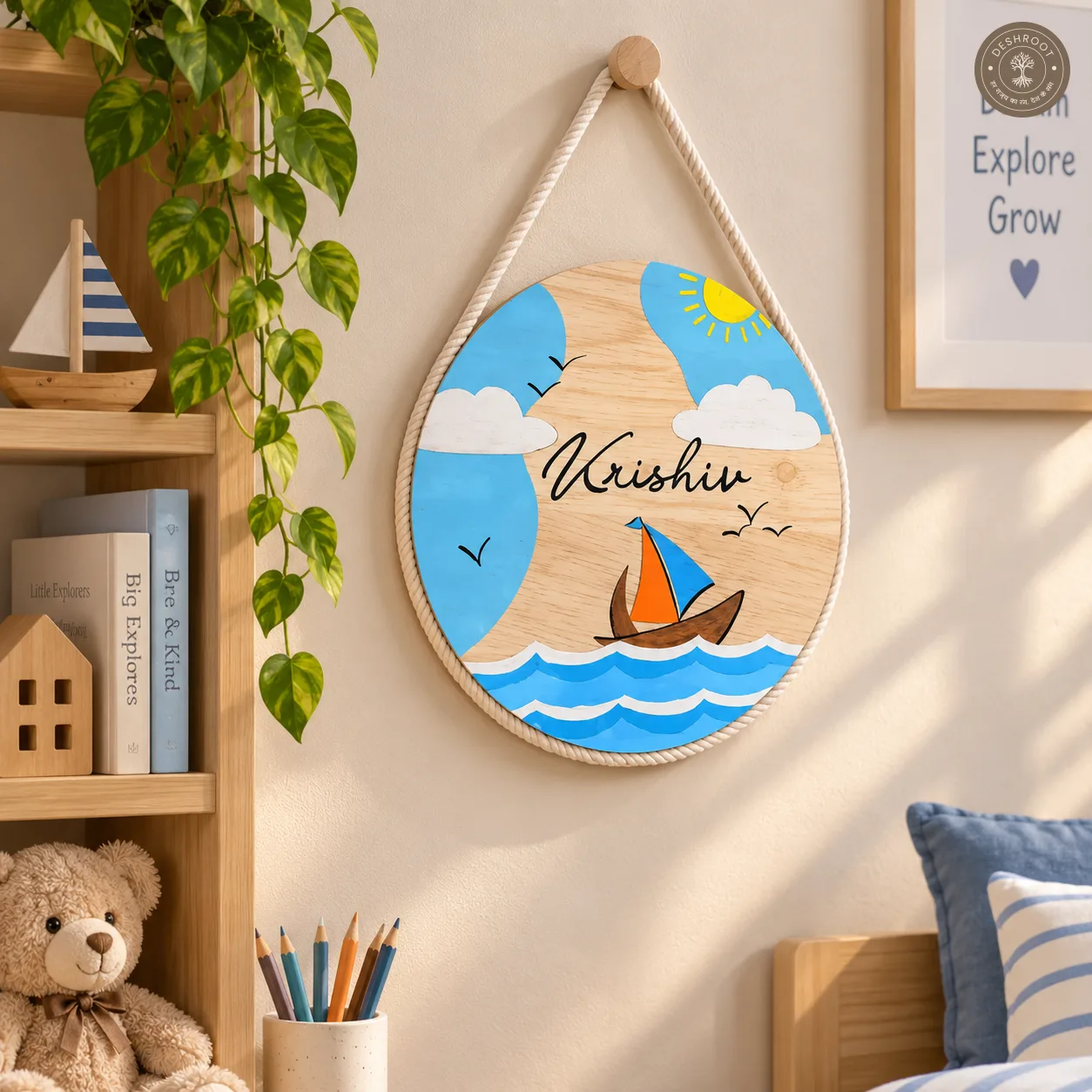 Hand-Painted Coastal Sail Dreams Pine Wood Nameboard