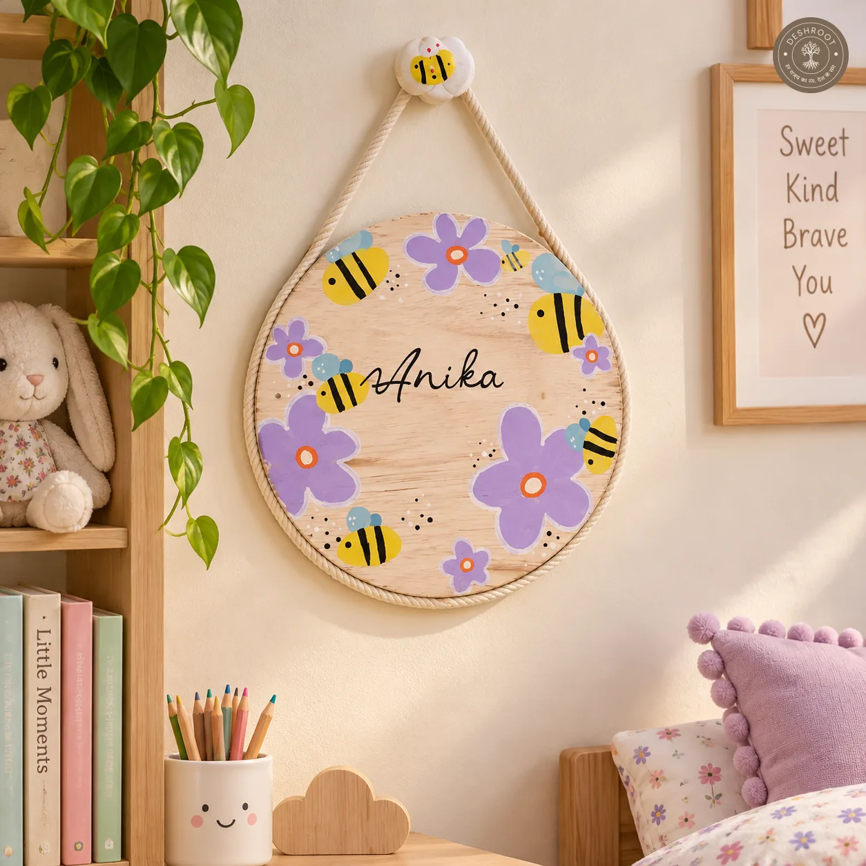 Hand-Painted Honeybee Garden Pine Wood Nameboard