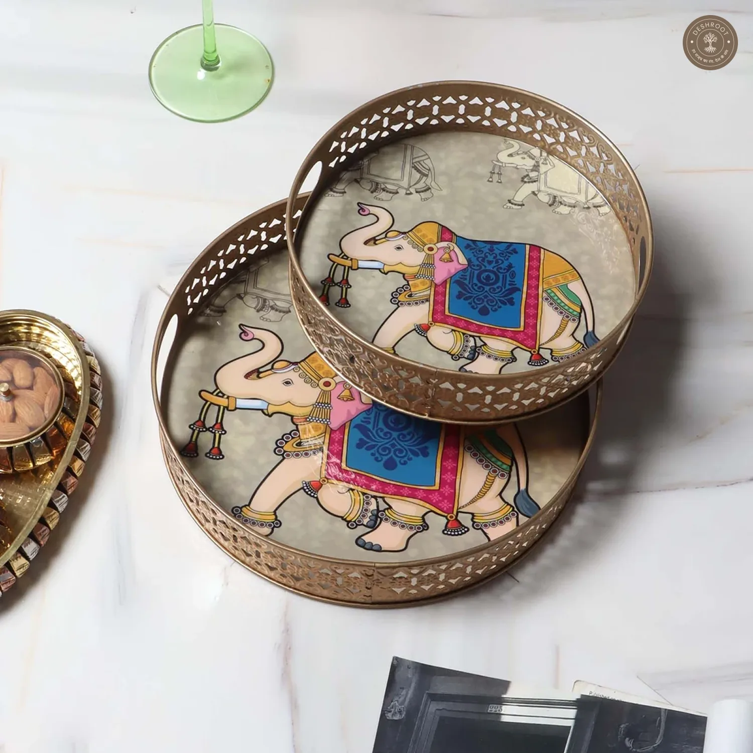 Blue & White Big Elephant Pichwai Tray Set of 2