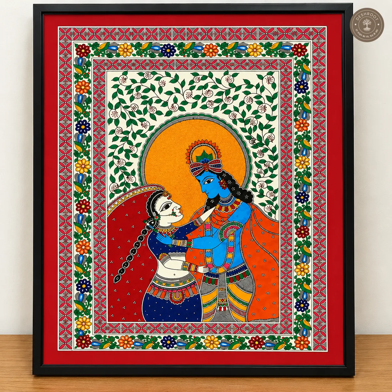 Handmade Radha Krishna Painting – Madhubani Indian Folk Art on Canvas Paper