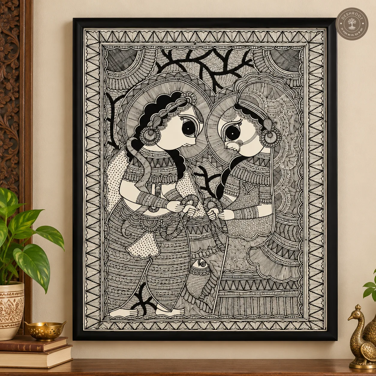 Radha Krishna Madhubani Wall Art – Handmade Indian Folk Painting on Canvas