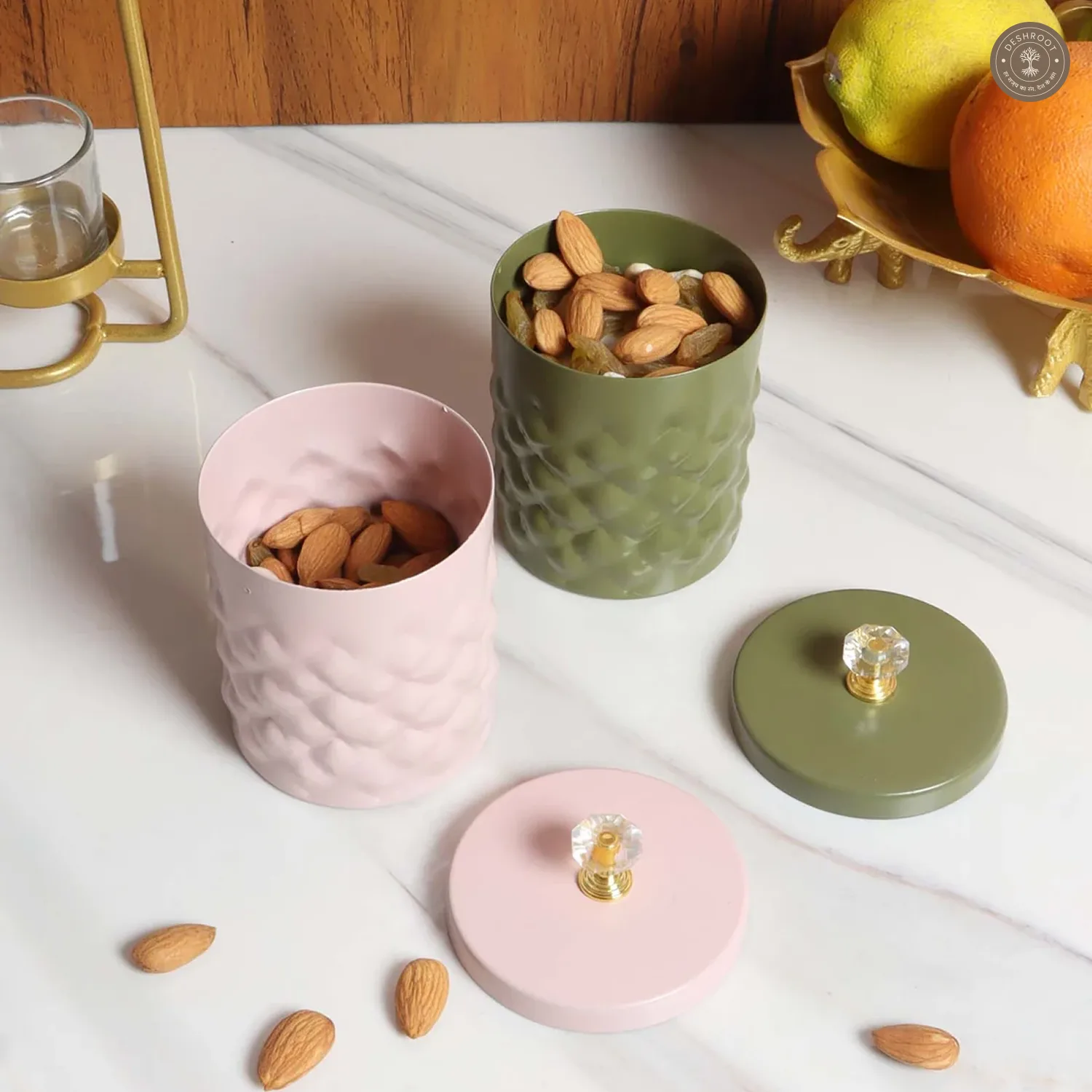 Metal Hammered Pink & Green Jar Set of 2