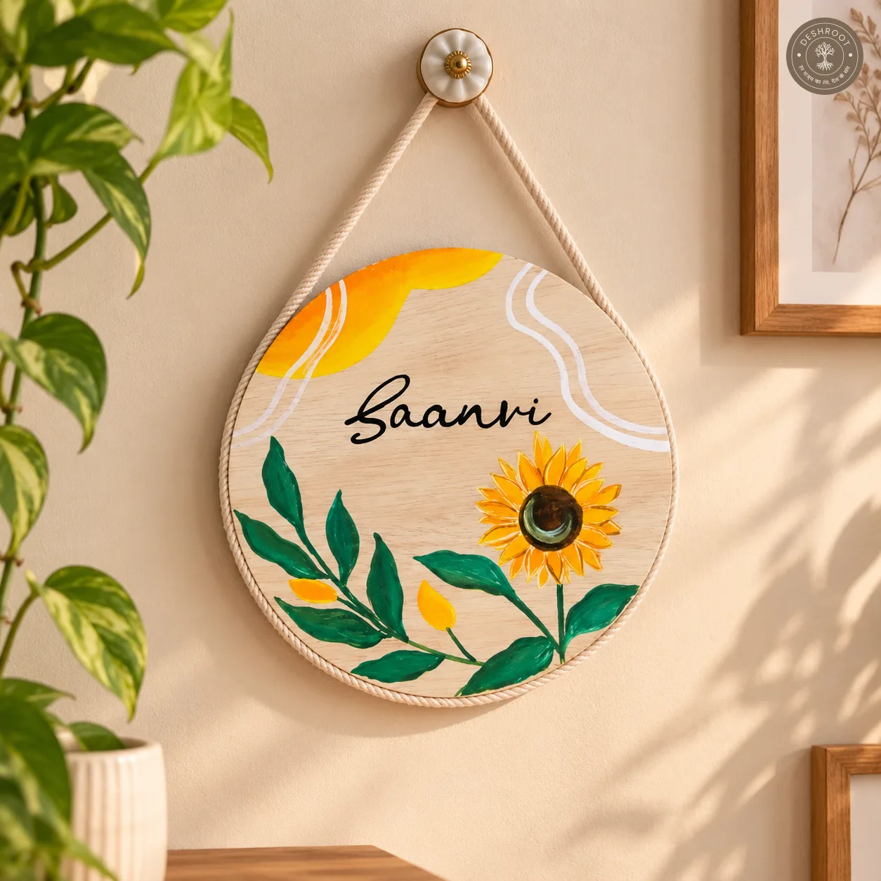 Hand-Painted Sunflower Bloom Pine Wood Nameboard
