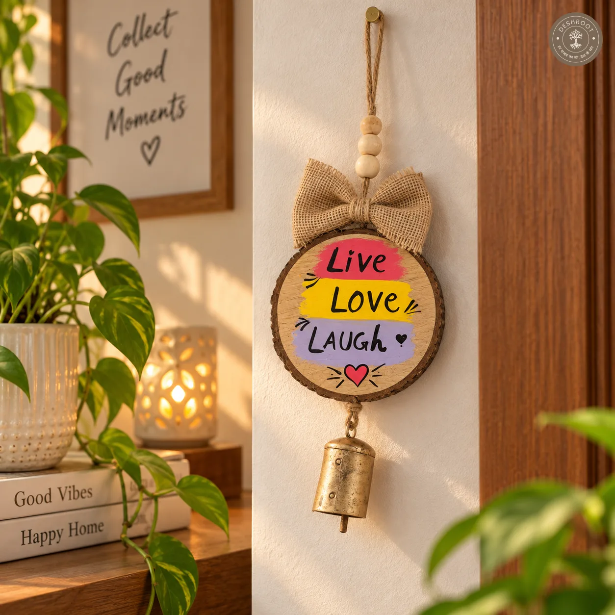 Wood slice wall hanging- Live love Laugh with bell