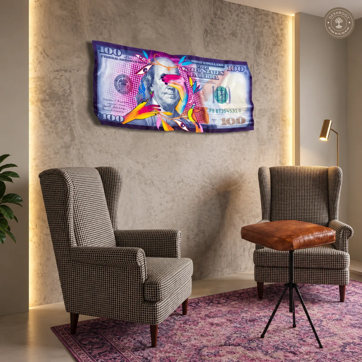 Blinded Bucks $100 Bill Wall Art | Modern Currency Pop Art for Living Room, Office & Home Decor