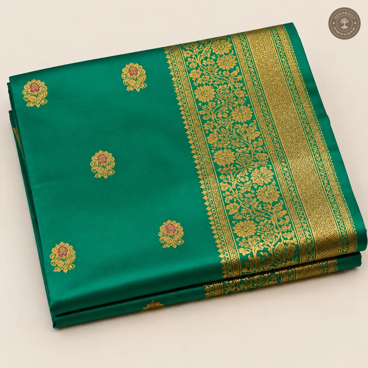 Katan Silk Banarasi Saree – Emerald Green with Gold Zari Butis & Intricate Floral Zari Border
