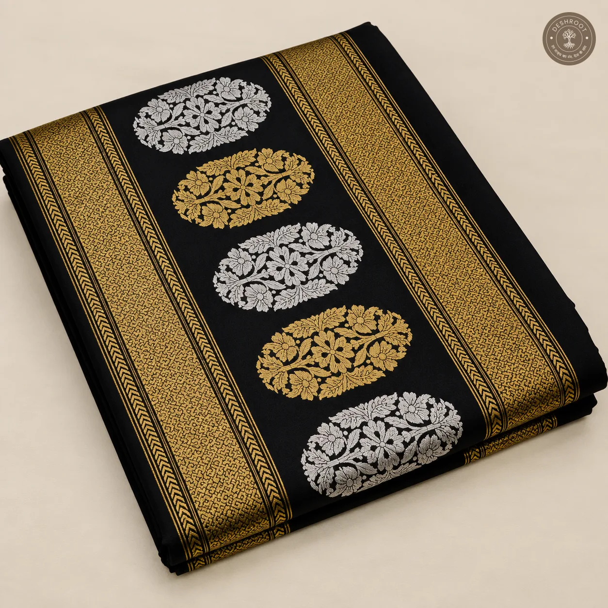 Katan Silk Banarasi Dupatta – Black with Gold & Silver Floral Zari Motifs and Woven Borders