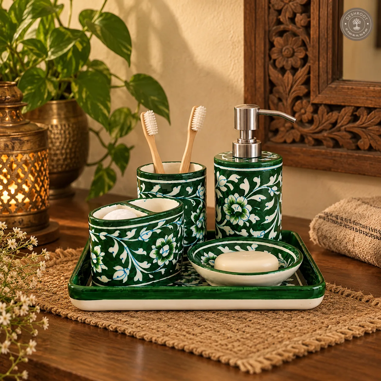 Handcrafted Jaipur Blue Pottery Bathroom Accessories Set