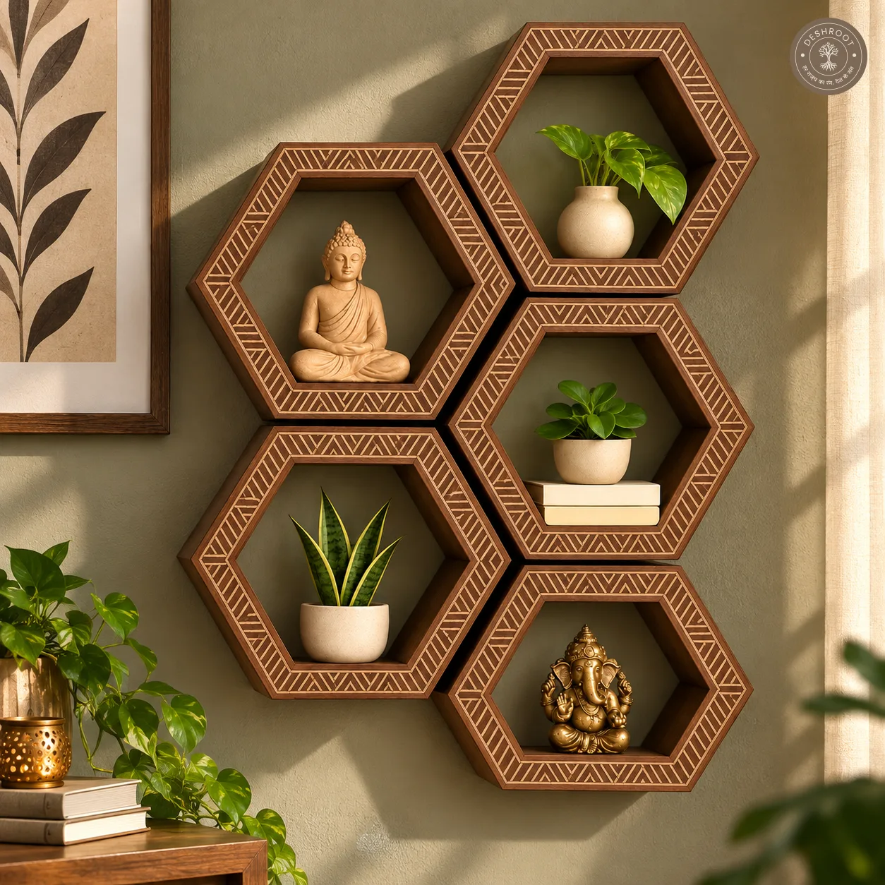 Hexa Haven Wooden Wall Shelf Set